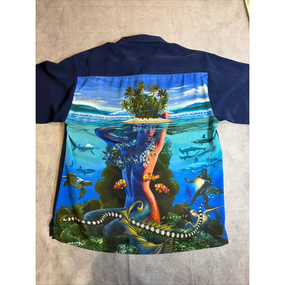 Rietveld USA Mens Navy Blue Mermaid Shark Underwater Graphic Button Down Shirt M